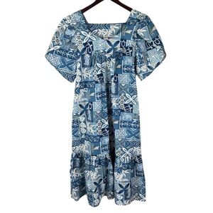 Vintage Hawaiian Togs Bark Cloth Dress Blue Luau Kaftan Muu Muu Tiered Size M